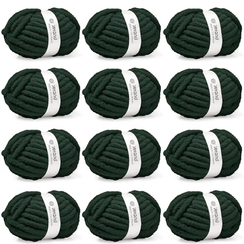 Image of Inhand Dark Green Chunky Chenille Yarn for Hand Knitting,Thick Bulky Christmas Blanket Yarn for Crocheting,Soft Fluffy Yarn for Crochet Holiday Gifts for Women /Beginners,12 Pack (29.5Yds /8.4oz Each)