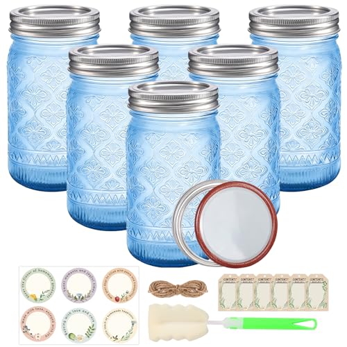 Blue Wide Mouth Mason Jars 32 oz with Leak-proof Split Lids 6-Pack