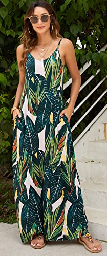 Image of Supnier Women's Summer Maxi Dress Casual V-Neck Sleeveless Bohemian Spaghetti Strap Floral Long Maxi Dress with Pockets