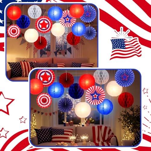 Image of Retisee 18 Pcs 4th of July Party Decorations Patriotic Independence Day Hanging Decorations Paper Lanterns Red White Blue 250th Anniversary Fan Honeycomb for Memorial Day Veterans Party Ornament