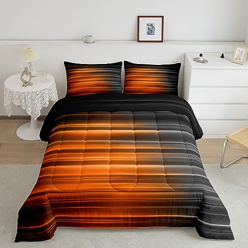 Image of Feelyou Orange and Gray Striped Bedding Set Full, Geometric Abstract Ombre Comforter with Gradient Lines, 3Pcs Duvet Set for Kids, Black Stripes
