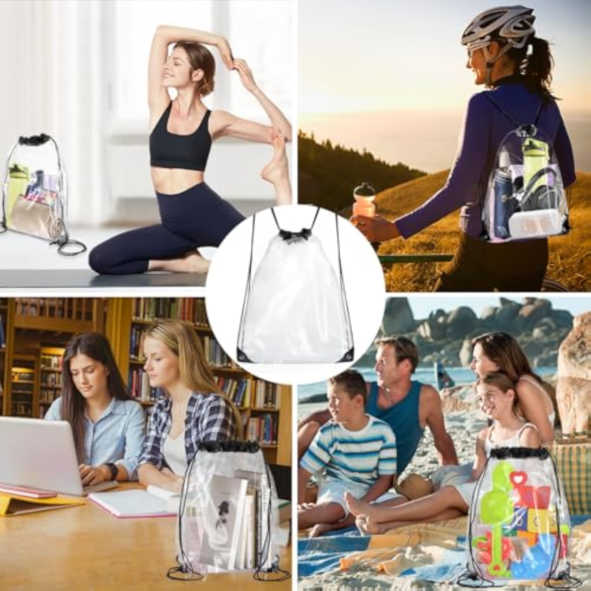 Pack of 4 Transparent Drawstring Backpacks, Clear Bags
