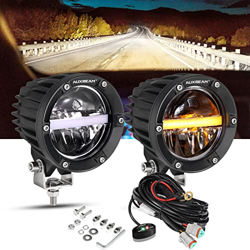 Auxbeam 4In Round LED Offroad Lights 2PCS, 110W Round LED Pods Auxiliary Driving Light with Amber DRL Design, Super Bright LED Light Bar Round Fog Light Wiring Harness for Truck Pickup SUV A
