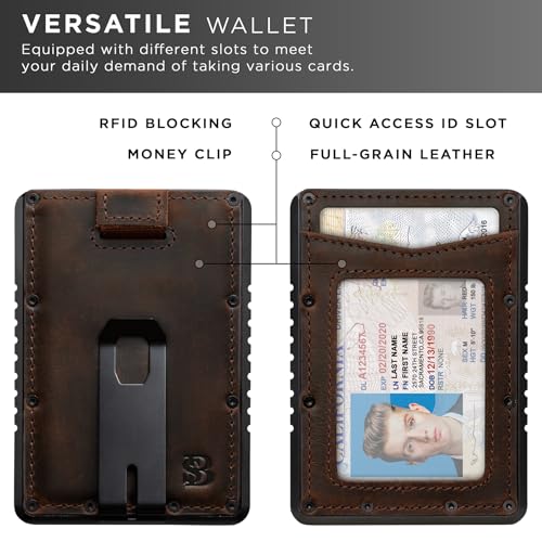 SERMAN BRANDS Slim RFID Blocking Wallet with Money Clip - Metal Minimalist Front Pocket Wallet - Thin and Compact – Full Grain Leather Card Holder for Men3
