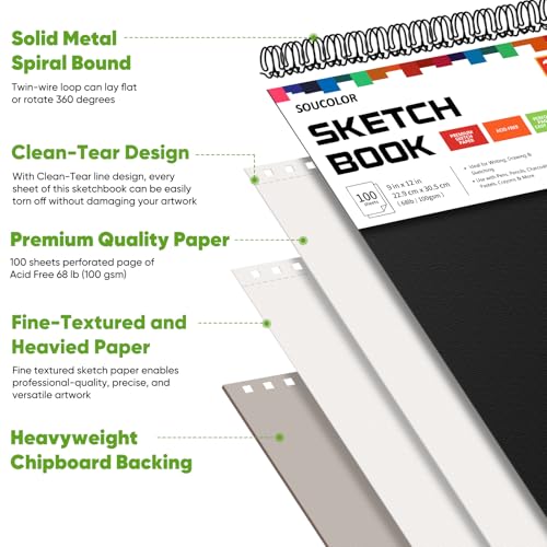 soucolor sketch book spiral bound acid-free sketchbook with 68lb100gsm for paper painting drawing writing artist sketching pad for kids adults amp teens 100 sheets black 9 x 12 inch pack of 1