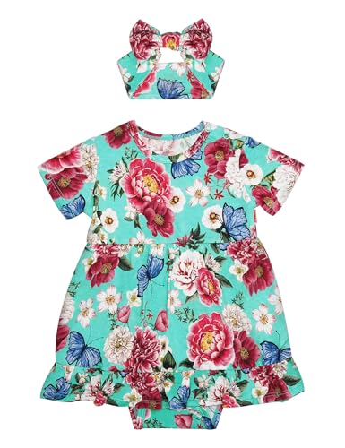Image of EASWEET Infant Baby Girl Bodysuit Dress with Hairband Set, Bamboo Viscose Summer Clothes Outfit