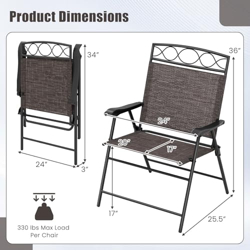 Image of Giantex Set of 4 Patio Folding Chairs, Outdoor Dining Chairs for Camping, Beach, Backyard, Deck, Portable Dining Chair w /Armrest and Metal Frame, 4-Pack (Dark Brown)