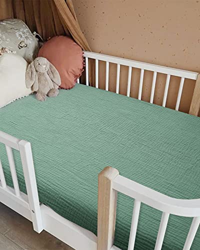 Image of Crib Sheets for Boys Girl, Fitted Baby Toddler Bed Sheets 28 inch x 52 inch, Neutral Muslin Cotton Crib Mattress Bedding Soft and Breathable Comfort (Roman Green)