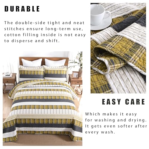 Image of Homzard King Comforter,Cotton King Size Quilt,Amber Green Black Bedding Set,Plaid Striped Bedspread,Lightweight Reversible Coverlet 3 Pieces