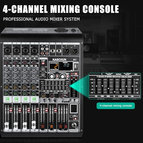 Professional Audio Mixer K1-O,4-Channel,Sound Board Console 99 Bit DSP Digital Processor for PC Recording Input XLR Microphone Jack 48V Phantom Power Stereo RCA Input/Output