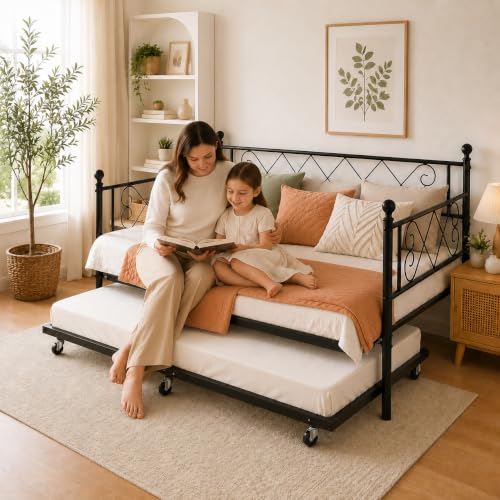 Image of Garvee Daybed with Trundle, Trundle Bed Twin with Heart-Shaped Headboard, Sturdy Metal Sofa Bed, Heavy-Duty Metal Bed Frame Support, for Living Rooms, Bedrooms, and Guest Rooms, Easy Assembly