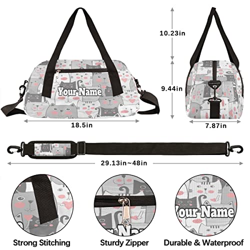 Custom Your Name Lovely Grey Cats Heart Personalized Text Gym Duffle Bag for Kids,Sports Bag for Teens Boys & Girls Small Waterproof Overnight Weekender Carry Practice Travel Bag4