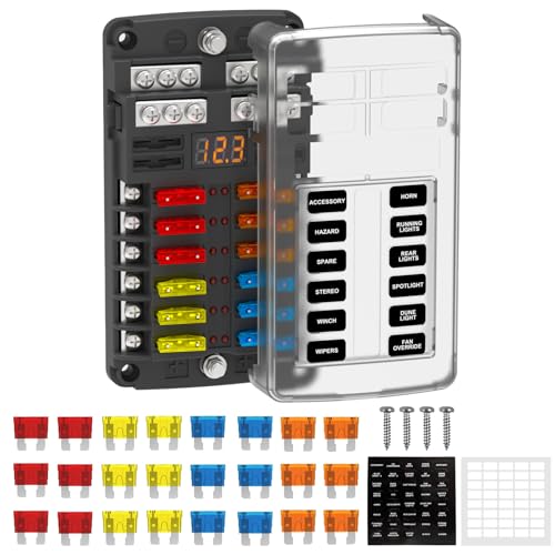 UCkasayfy 12 Way Fuse Box 12V/24V DC ATC/ATO Fuse Board Holder with 24 pcs Fuses LED Indicator Negative Bus Blade for Car Boat RV Truck Marine