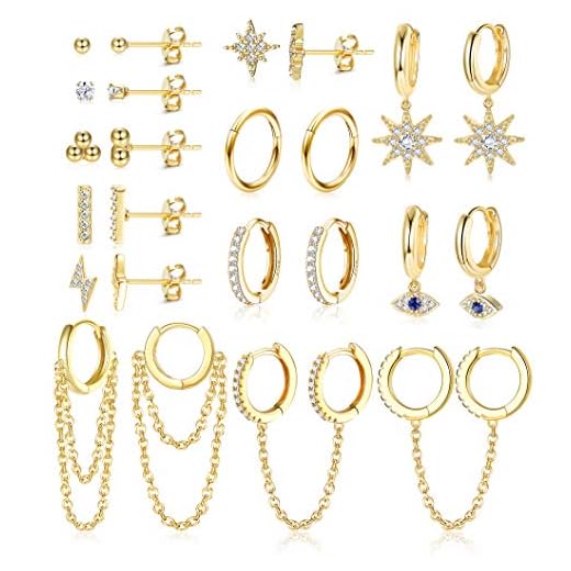 IRONBOX 12Pairs 14K Gold Plated Huggie Hoop Studs Earrings Set for Women Small Dainty Minimalist Chain Earrings Cartilage CZ Ball Earrings Sets for Multiple Piercing
