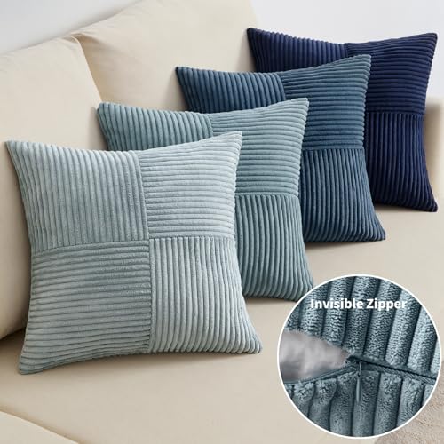 EMEMA Kissenbezug Kordsamt Patchwork Kissenhülle 50x50 Dunkelblaue Serie – Ansicht 3