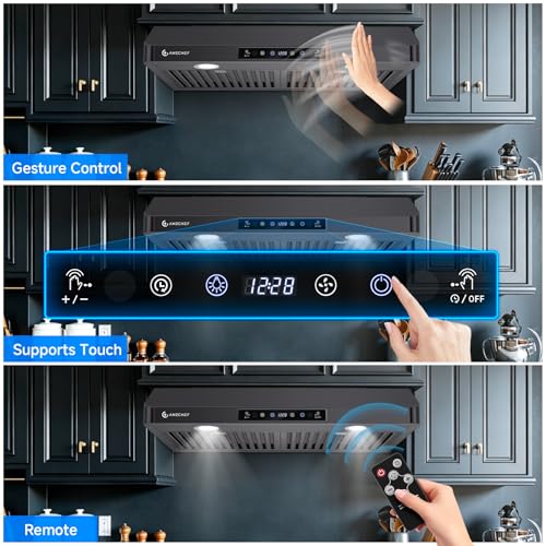 Image of AMZCHEF 30 inch Under-Cabinet Range Hood, 750 CFM Black Kitchen Vent | Stainless Steel hood with Touch /Remote /Gesture Control, timer, LED lights & dishwasher-safe baffle filters 3 outlets
