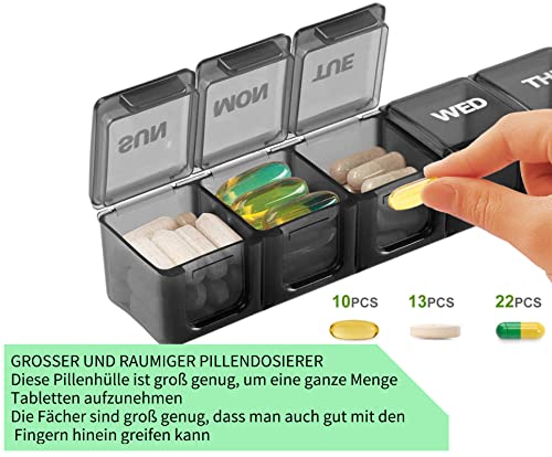 Pillendoos, 7 dagen, grote vakken, pillendoos, medicijnbox, pillendoos, 1 week, medicijnbox, supplementbox, reistabletten, boxen, voedingssupplementen, tablettensorteerder, zwart - Afbeelding 4