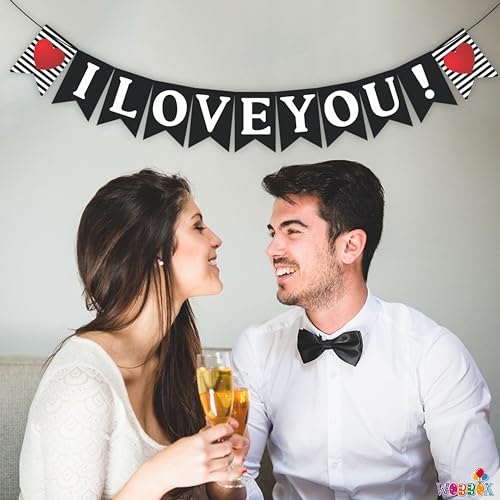 Image of Wobbox White & Black Line Pattern inchI Love You inch Bunting Banner for Anniversary, Pre-Wedding & Wedding, Love Banner for Decoration