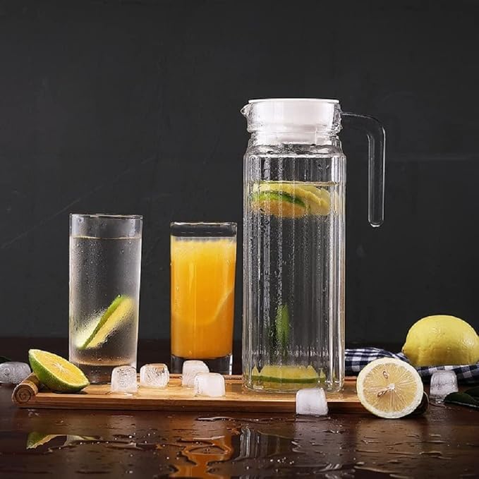 Image of Premium Water and Juice Glasses and Jug Set Combo [6 Piece Glass 350ML & 1 Piece Jug 1 Liter] Transparent Pitcher Set for Dining Table, Home & Restaurant,Party (MTS - 17)