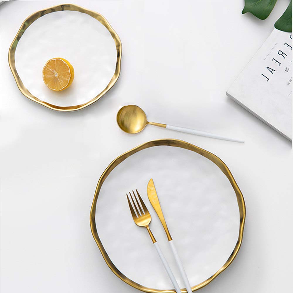 ZRZJBX Plate Set Made of Stoneware, Vintage Dinner Service, Irregular Shape, Hand Painted, with Gold Edge, 2 Tablets, White Diameter 19.5 cm + Diameter 24.5 cm
