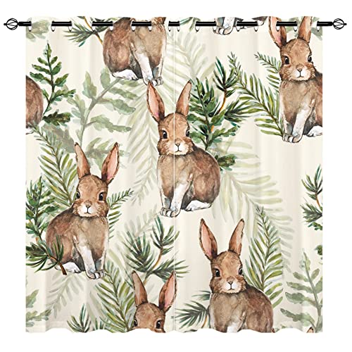 ANHOPE Rabbit Curtains - Kids Hand Drawn Cute Leaf Watercolor Woodland Bunny Print Pattern Waterproof Grommet Window Drapes for Children Toddler Nursery Baby Bedroom Playroom 2 Panels W42 x L72