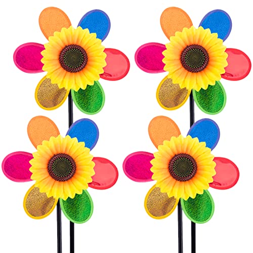 QUACOWW 4 Pieces Garden Pinwheel, Sequin Sunflower Wind Spinner, Plastic Rainbow Pinwheel, Rainbow Windmills Flower Pinwheel DIY Windmill for Garden Home Patio Lawn Yard Outdoor Decoration
