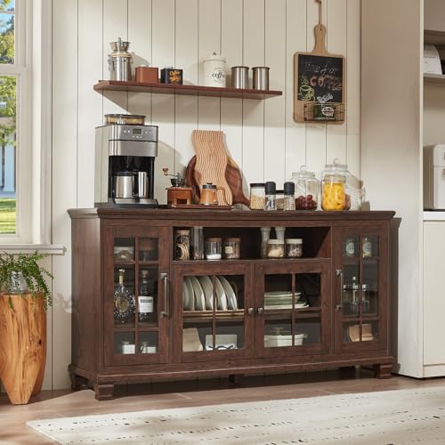 SAVOR LIFE Large Sideboard Buffet Cabinet with Storage, Vintage Walnut Farmhouse 60