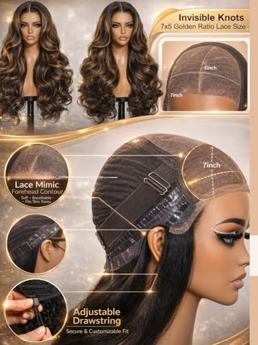 Image of Sunber Highlight Brown Body Wave Balayage 7x5 HD Lace Front Human Hair Wig | Ombre Glueless Wigs Human Hair Pre Cut Elastic Drawstring 150% Density Ready To Go Pre Plucked Bleached Invisible Knots 16 inch