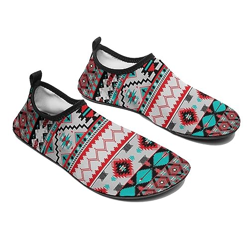 Water Shoes for Womens Mens Barefoot Quick-Dry Aqua Socks for Beach Swim Surf Yoga Exercise (Geometric Indiana Western Southwest Tribal Ethnic Aztec Red Turquoise)4