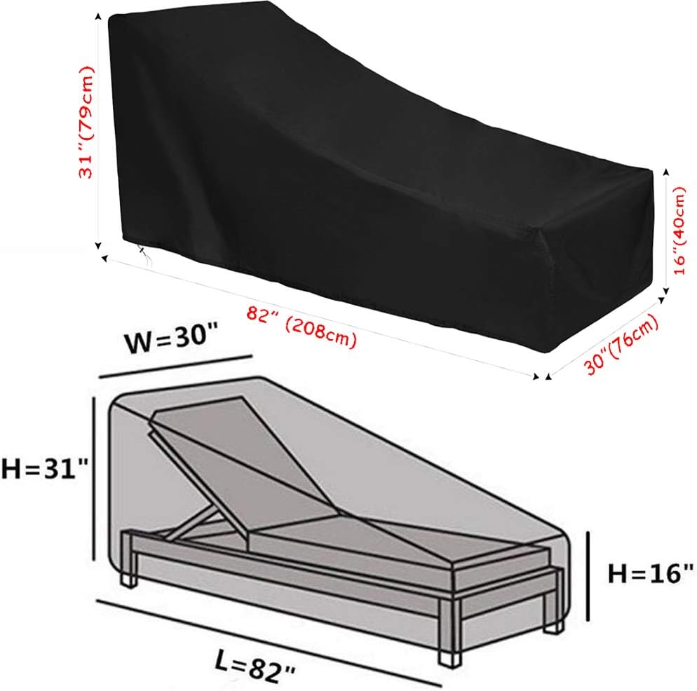 J&C Patio Chaise Lounge Cover Waterproof Chaise Lounge Cover UV Resistant Outdoor Lounger Cover with Buckle for Outdoor Garden Sun Lounger Chair Furniture Sets Black (black, 82x30x31inch)