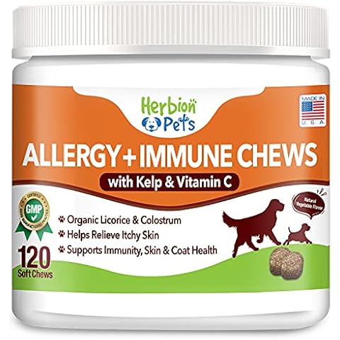 Herbion Pets Allergy + Immune Chews with Kelp & Vitamin C, 120 Soft Chews, Supports Immunity, Relieves Itchy Skin Natural Vegetable Flavor, For Dogs 12 Weeks + Cover