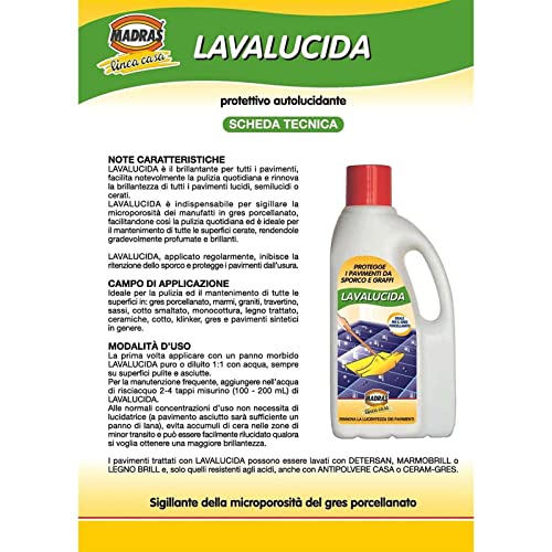 ideale per gres porcellanato Madras Lavalucida Detergente Protettivo Lucidante Per Pavimenti - 1 L