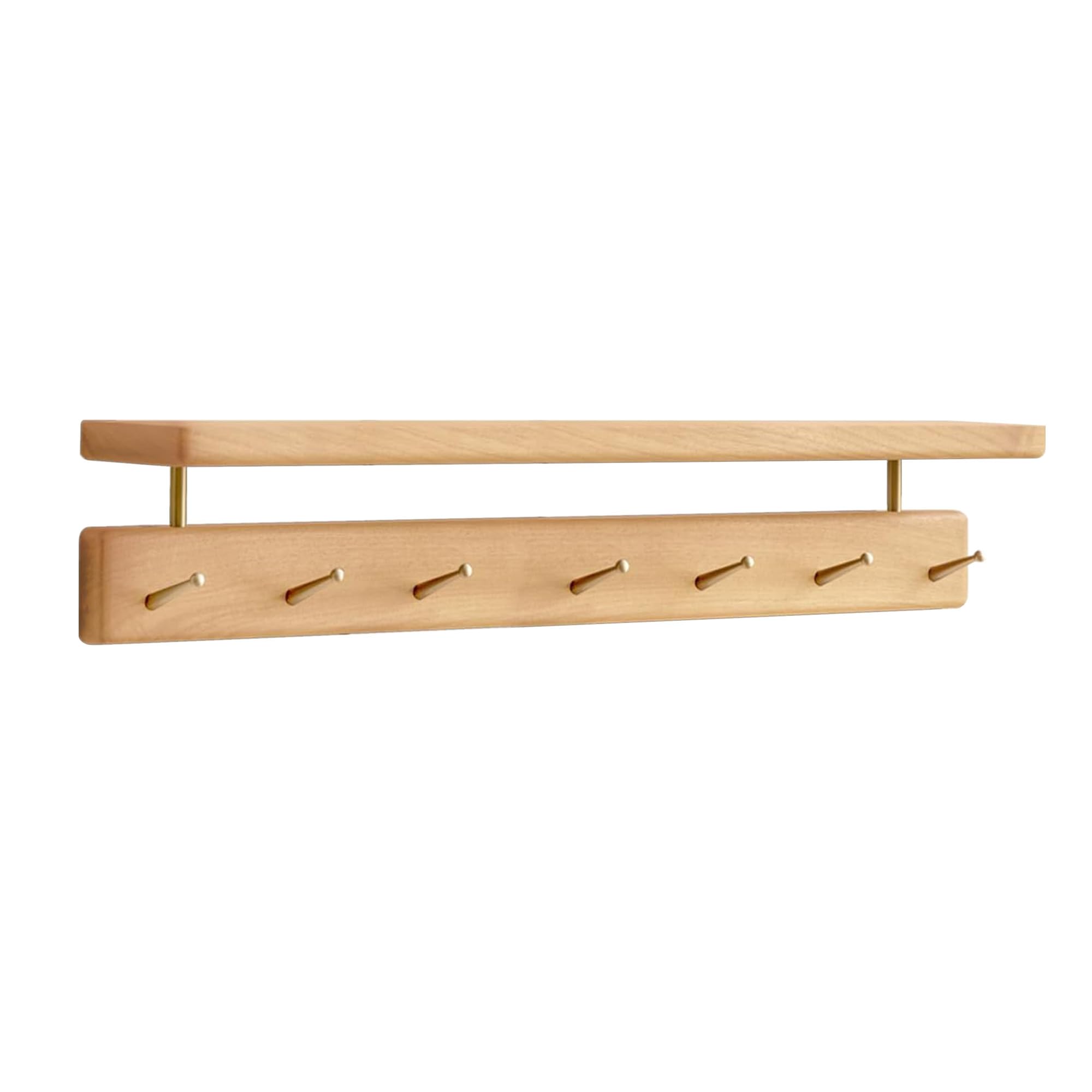 YESWOOD Porte Manteau Mural en Hêtre Massif, 7 Crohets en Laiton, Porte Clé Mural avec Étagère, Patère Mural pour Vêtements, Chapeaux, Serviettes, Hêtre Naturel