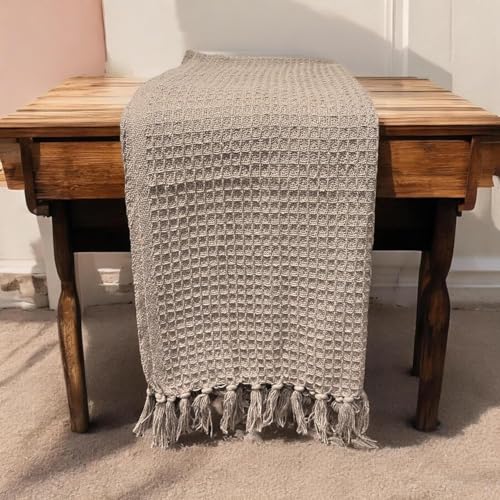 Image of Furnistitchs Bohemian Cotton Sofa Throw Blanket 50x60 inches | Waffle Knit & Chevron Pattern with Fringes | Aesthetic Decorative Couch Throw for Living Room & Bedroom (Light Brown)