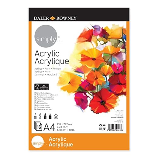 Daler Rowney Bloc Encolado ideal para Acrílico DALER ROWNEY Simply, de Formato 21 x 29,7 cm, con 16 Hojas de Papel de 190 g/m2 de Grano Fino