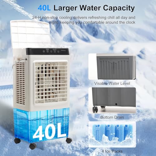 مبردات تبخيرية محمولة، مكيف هواء مستنقع 4800 قدم مكعب في الدقيقة مع خزان 40 لتر، 120 درجة، 3 سرعات، جهاز تحكم عن بعد، مروحة تبريد هواء للغرف الكبيرة والمراب والفناء والاستخدام التجاري (40 لتر)