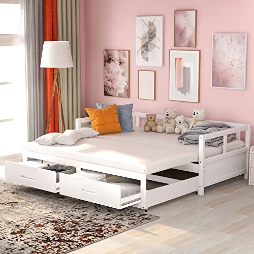 Azkoeesy Sofá Cama Extensible con 2 cajones, 200 x 90 180 cm, Convertible en Cama de Matrimonio, con somier y Espacio de almacenaje, Madera de Pino, Color Blanco, sin colchón