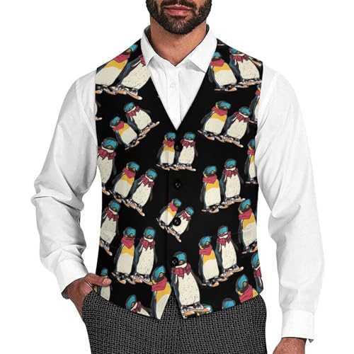 Ski And Snowboard Penguins Suit Vest for Men Waistcoat Dressy V Neck Button Down Sleeveless Business Jacket Coat