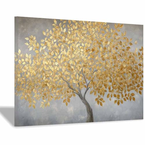 Peinture murale moderne arbre de vie dorée avec cadre 50x70