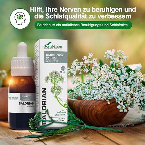 Baldrian Tropfen Hochdosiert 180mg/ml 50ml - Reduziert Stress & Unruhe und Unterstützt Besseren Schlaf - Valerian Root Stress Tropfen - Soria Natural