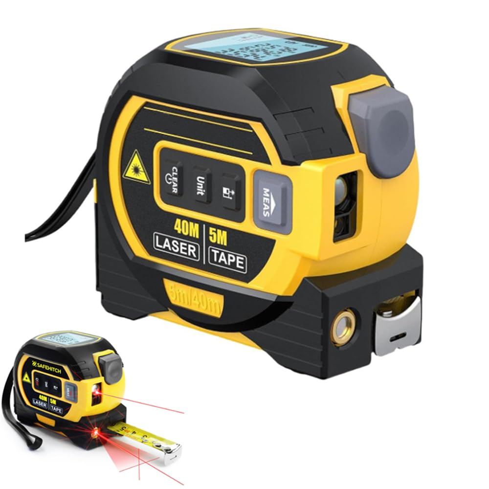 Nastro di misurazione universale 3 in 1 digitale retroilluminato LCD, lunghezza totale 5 m, telemetro da 4 m, per archiviazione dati, area di misura, volume, pitagorica, per uso domestico e