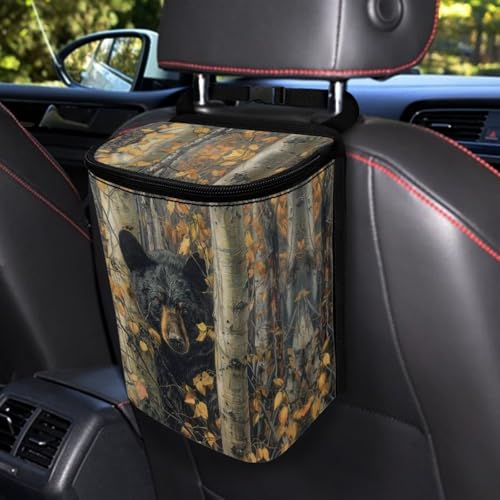 Image of Talayituse Bear Hunting Camo Print Car Trash Can with Lid, Leak Proof Auto Trash Bag Hanging Vehicle Garbage Can Multipurpose Storage Container for Back Seat Road Trip