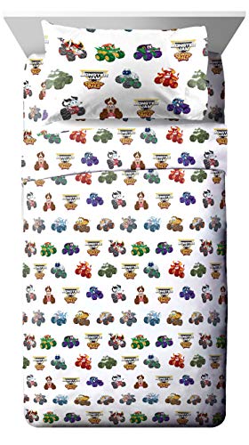Image of Monster Jam Truckin Pals 5 Piece Twin Bed Set - Includes Comforter & Sheet Set - Bedding Features Grave Digger & Megalodon - Super Soft Fade Resistant Microfiber (Official Monster Jam Product) | Truckin Pals, Comforter Sheets Sham Pillowcase, Official Product, Soft Microfiber, Machine Washable, Easy Care, Boys Gift