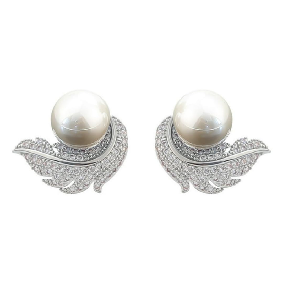 Fashion white Womens Pearl Plume Studs Earrings-image-21