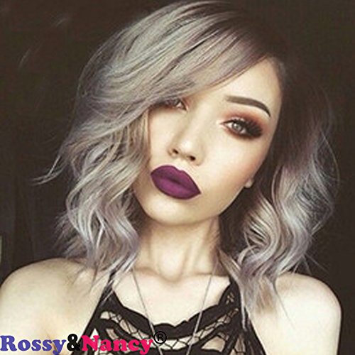 Rossy&Nancy 2 Tones Black Ombre Grey Short Flopper Wave Bob Sexy Stylish Heat Friendly Cosplay Party Costume Hair Natural Wig for Black Women 14inch