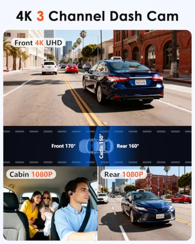 Image of 3-Channel Dash Cam 4K for Car: Front, Rear & Inside Dash Camera with 5GHz WiFi & GPS - 24H Parking Mode, 64GB Card for Rideshare Driver