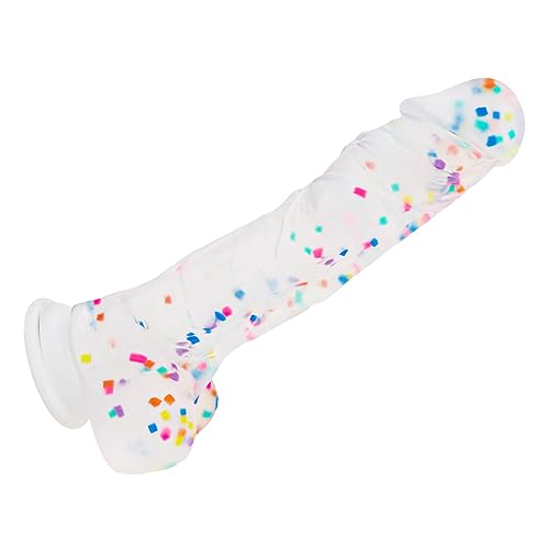 10 Inch Confetti Huge Silicone Dildo with Flared Suction Cup Base for Hands-Free Play, Flexible Dildo with Curved Shaft and Balls for Vaginal G-Spot and Anal Prostate - 10 Inch - Confetti