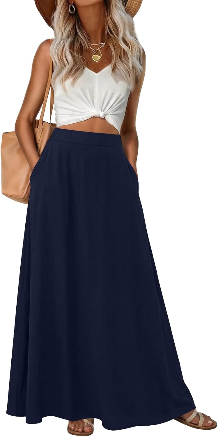 Leafsay Womens Maxi A-line Long Skirt High Waist Casual Elastic Flowy Skirts with Pockets