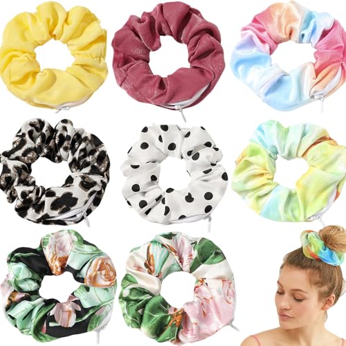 Velvet Dots Hair Scrunchies with Zipper Pouch, Secret Pocket, Hair Ties, Ropes, Tie Dye, Floral Elastics for Vsco Girl Stuff (8 Pcs)