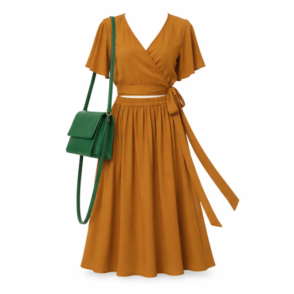 Women's Two-Piece Cotton Blend Crop Top and A-Line Midi Skirt Set, Casual Style, Regular Fit, Free Size